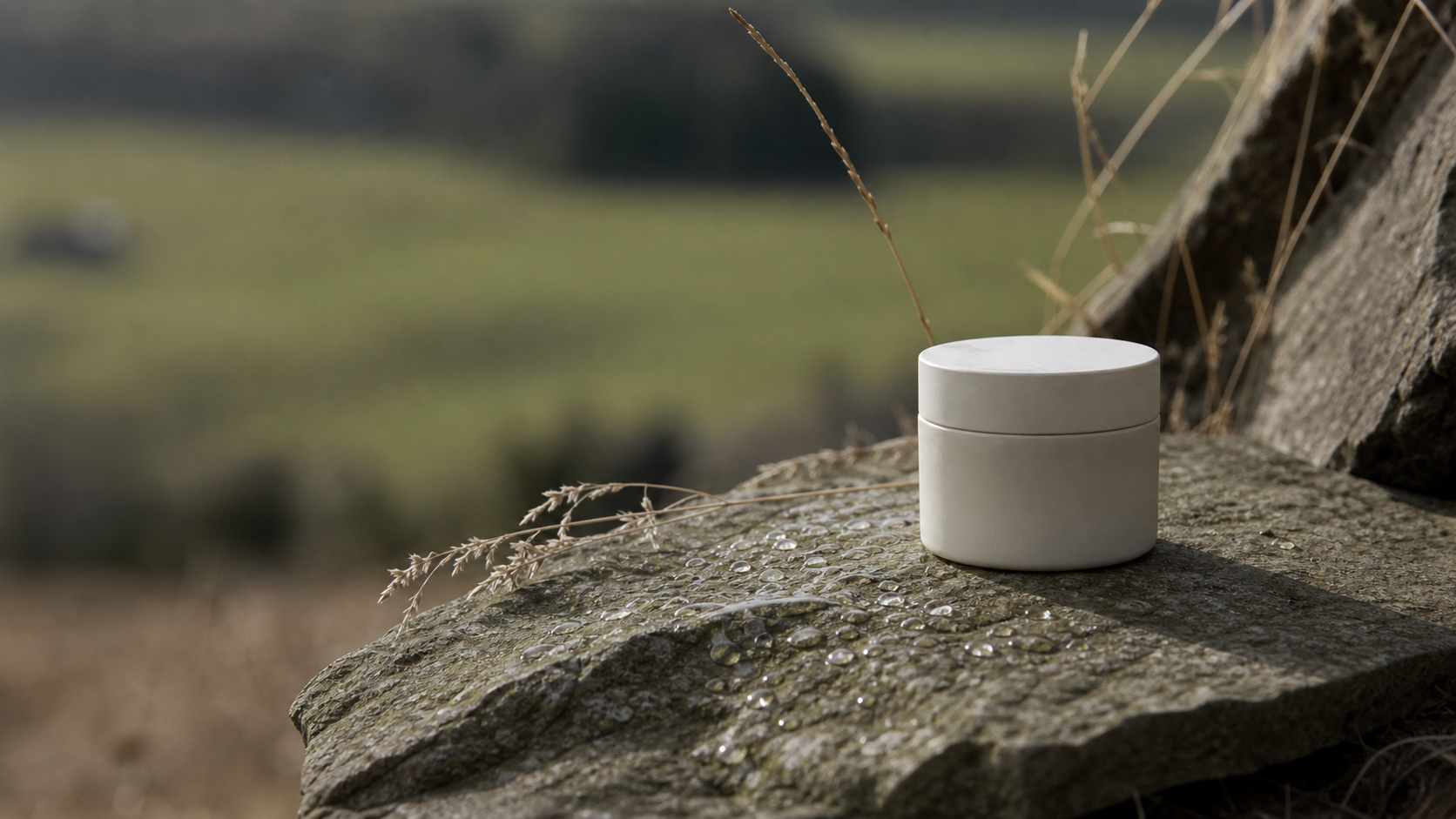 Water droplets, weathered stone, grass, and a simple moisturizer jar