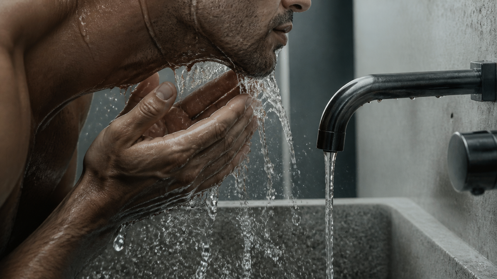 A man rinsing his jawline and neck with cool water after heat exposure