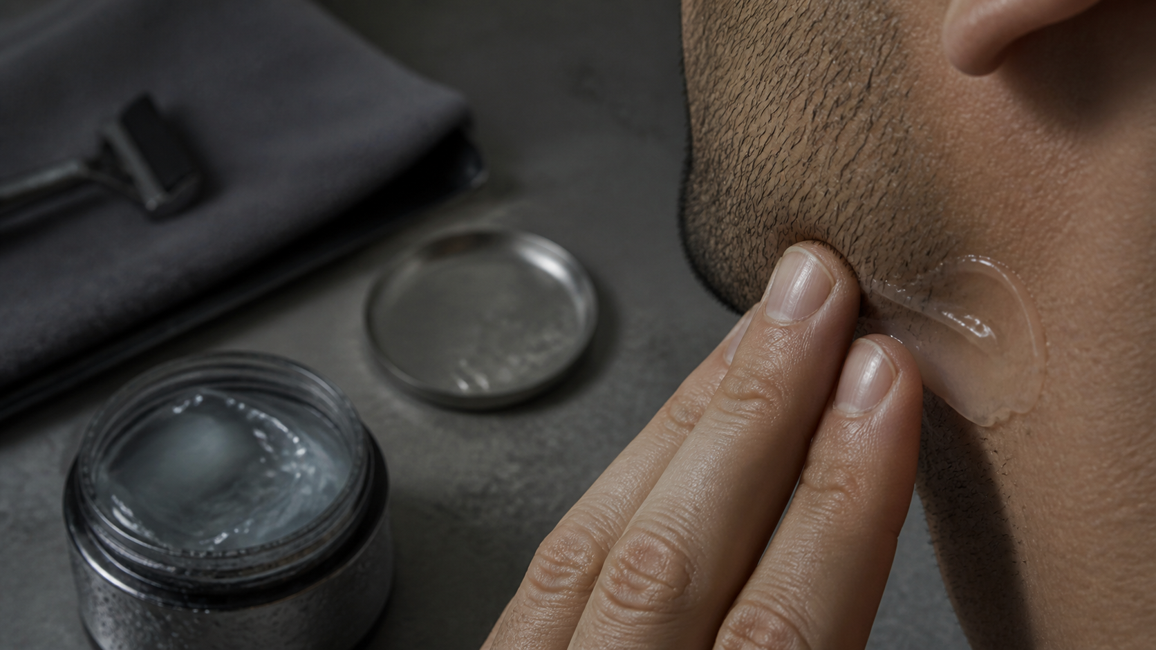 Light gel moisturizer applied to a man's jawline after heat exposure